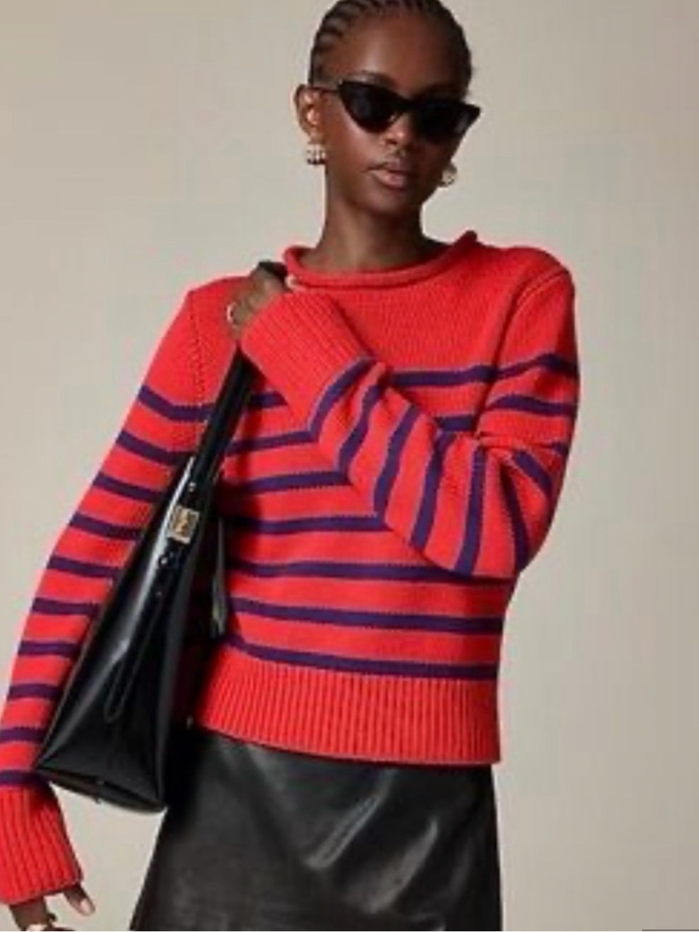 J. Crew Red with Navy Stripes Heritage Cotton Rollneck Sweater - Picture 2 of 5